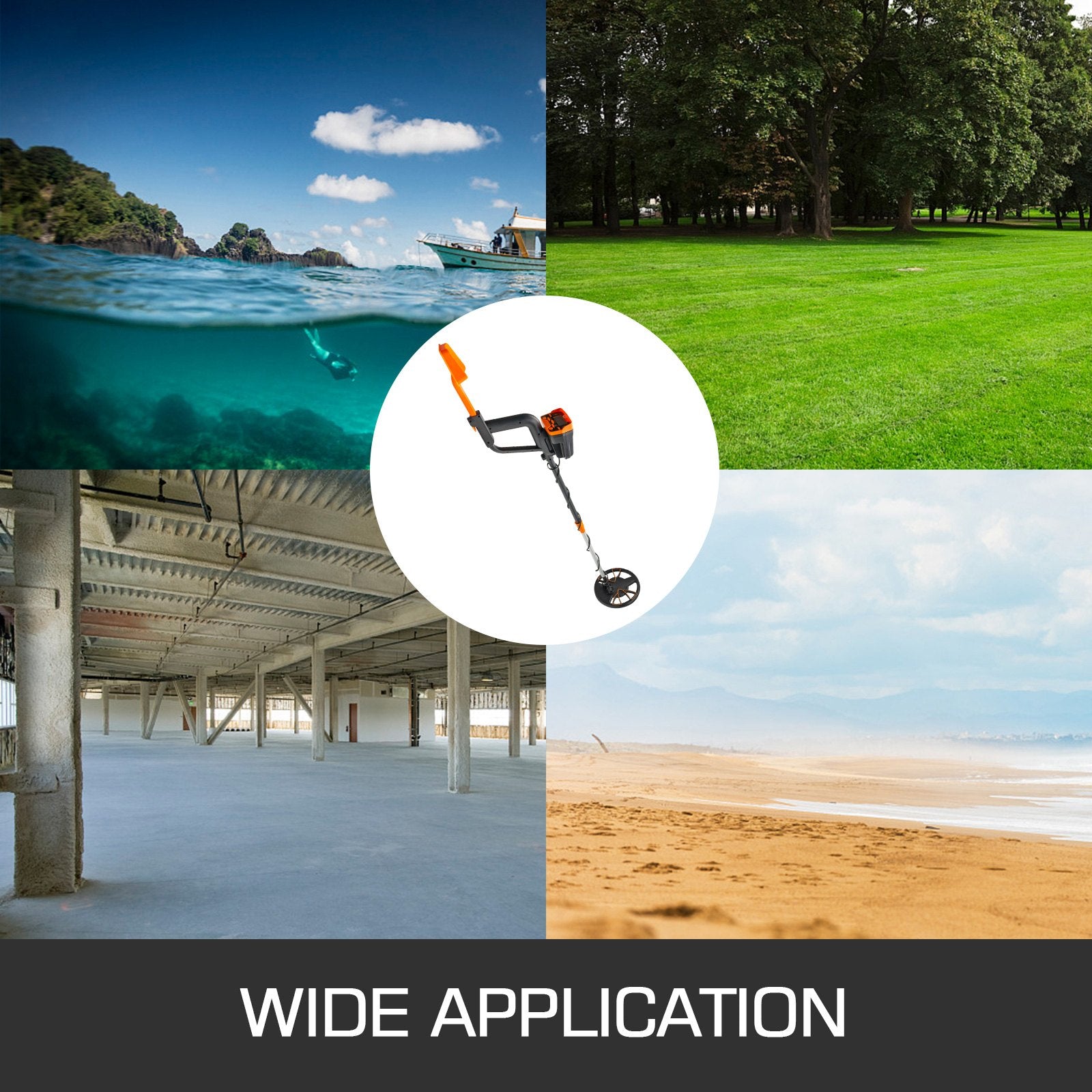 Collage of various scenes including water, grass, indoors, and beach with a central focus on a device labeled 'Wide Application'.