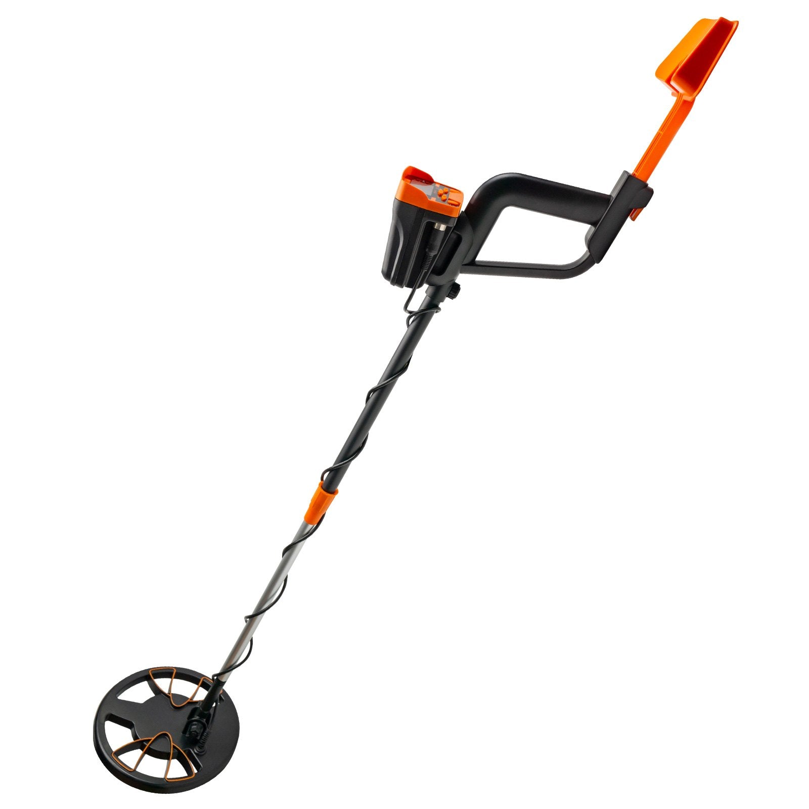 Metal detector with orange accents on a white background