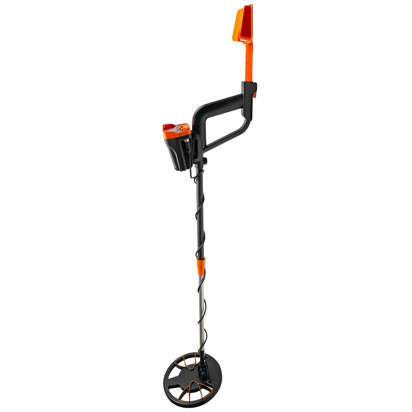 Metal detector with black and orange design on a white background