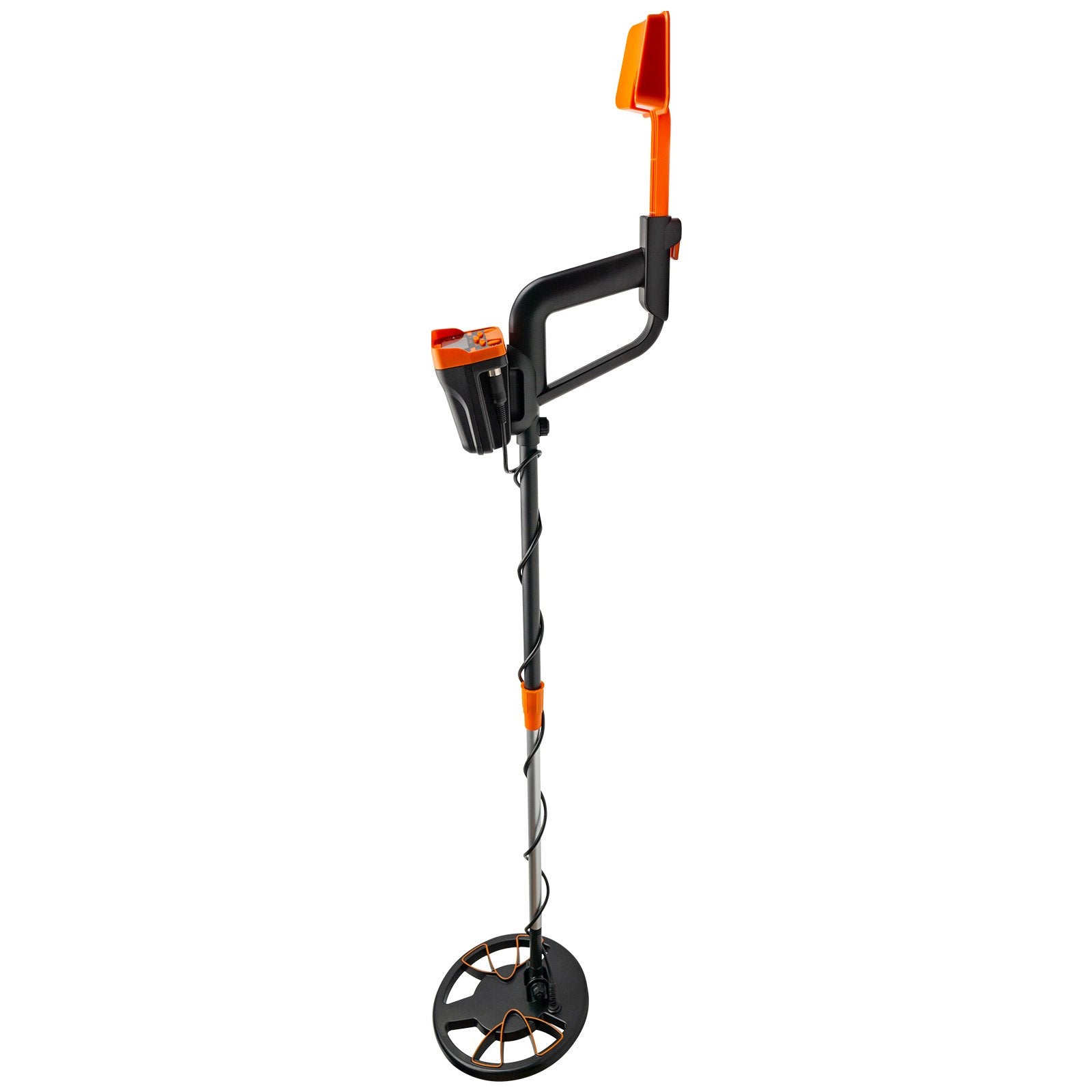 Metal detector with black and orange design on a white background