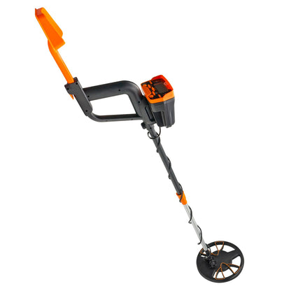 Metal detector with orange and black design on a white background