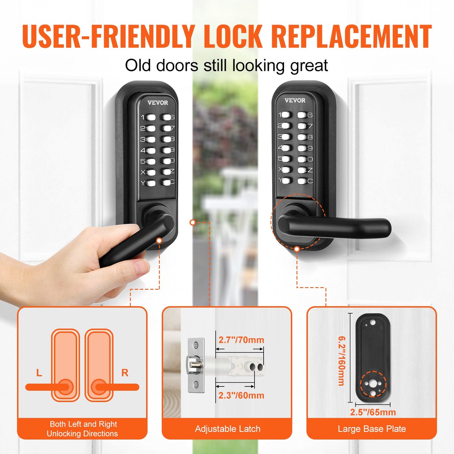 Mechanical Keyless Entry Door Lock 14 Digit Keypad and Handle Embedded