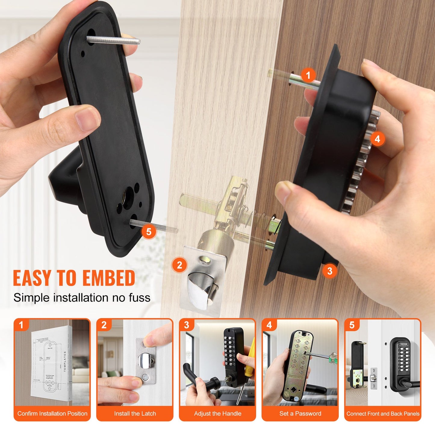 Mechanical Keyless Entry Door Lock 14 Digit Keypad and Handle Embedded
