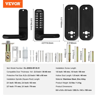 Mechanical Keyless Entry Door Lock 14 Digit Keypad and Handle Embedded