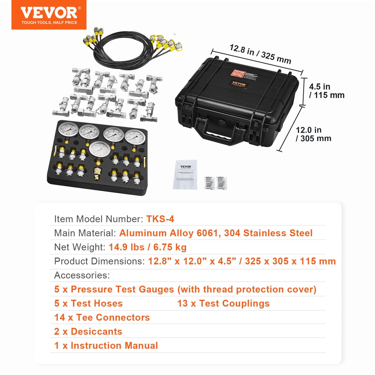 Hydraulic Pressure Test Kit, 10/100/250/400/600bar, 5 Gauges 13 Couplings 14 Tee Connectors 5 Test Hoses, Excavator Hydraulic Test Gauge Set with Carrying Case for Excavator Tractors Machinery