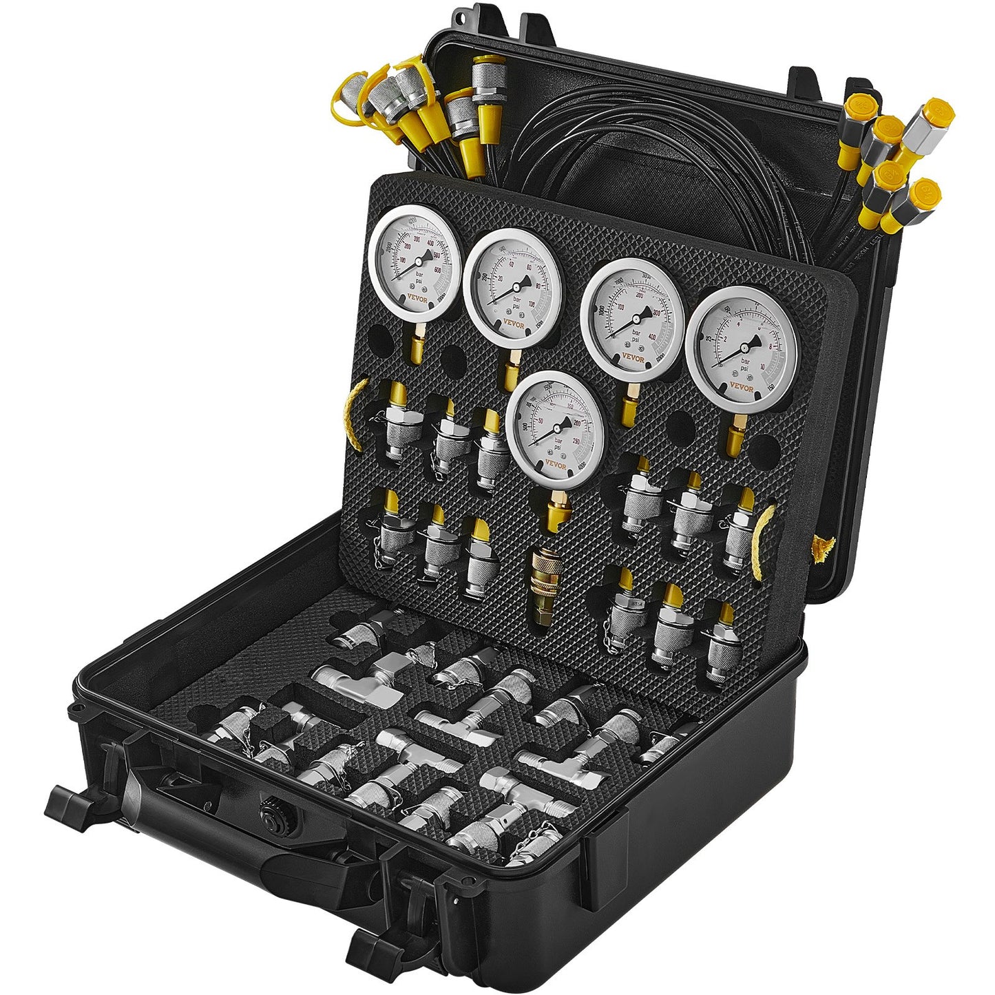 Hydraulic Pressure Test Kit, 10/100/250/400/600bar, 5 Gauges 13 Couplings 14 Tee Connectors 5 Test Hoses, Excavator Hydraulic Test Gauge Set with Carrying Case for Excavator Tractors Machinery