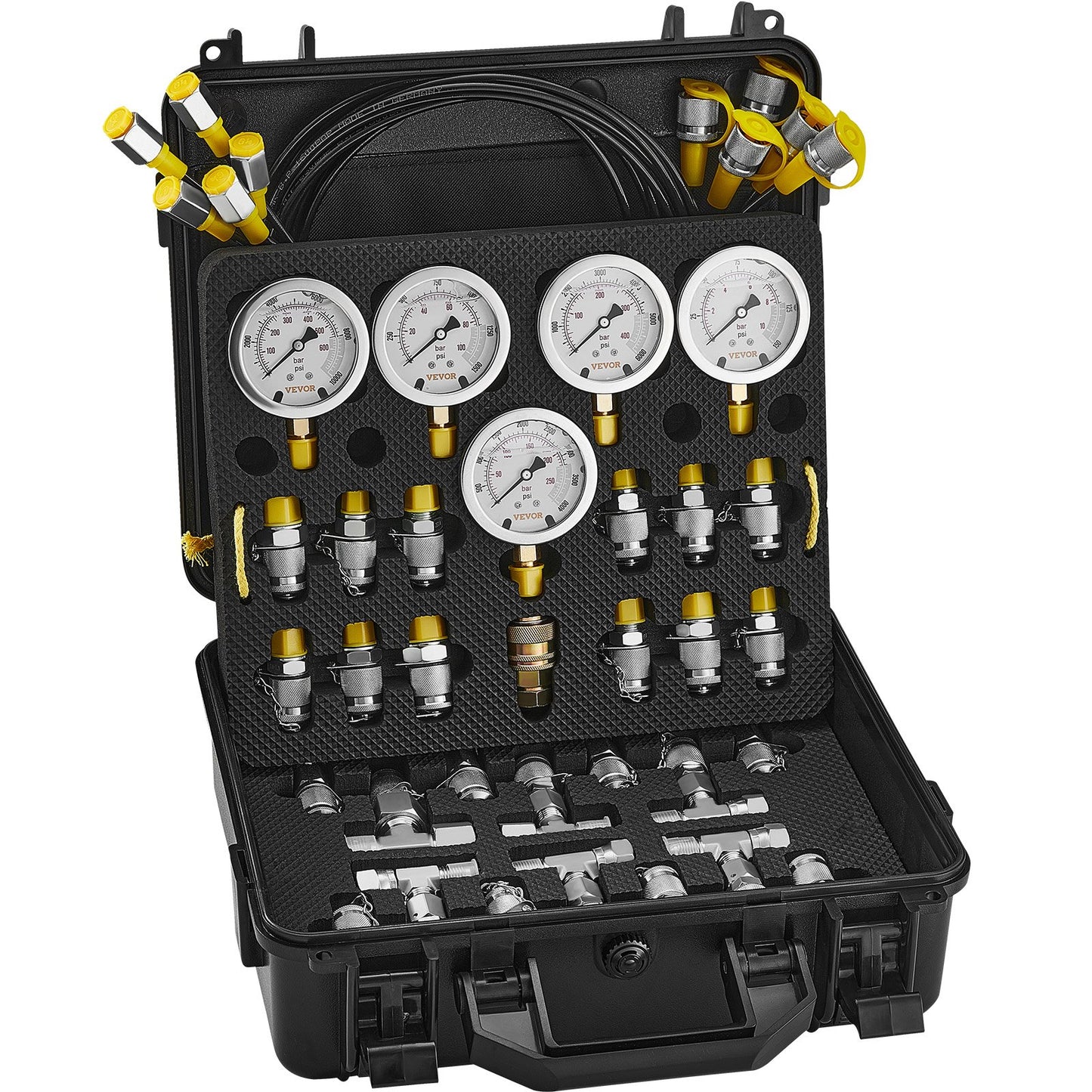 Hydraulic Pressure Test Kit, 10/100/250/400/600bar, 5 Gauges 13 Couplings 14 Tee Connectors 5 Test Hoses, Excavator Hydraulic Test Gauge Set with Carrying Case for Excavator Tractors Machinery