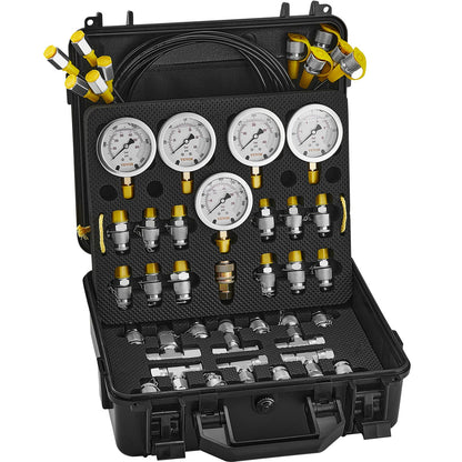 Hydraulic Pressure Test Kit, 10/100/250/400/600bar, 5 Gauges 13 Couplings 14 Tee Connectors 5 Test Hoses, Excavator Hydraulic Test Gauge Set with Carrying Case for Excavator Tractors Machinery