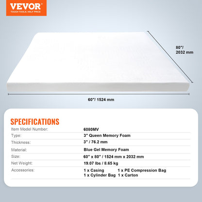 Mattress Topper Memory Foam Detachable & Washable Queen 76.2 mm Thickness