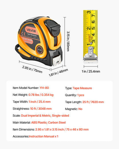 Tape Measure 7620mm Retractable Imperial Metric for Decoration