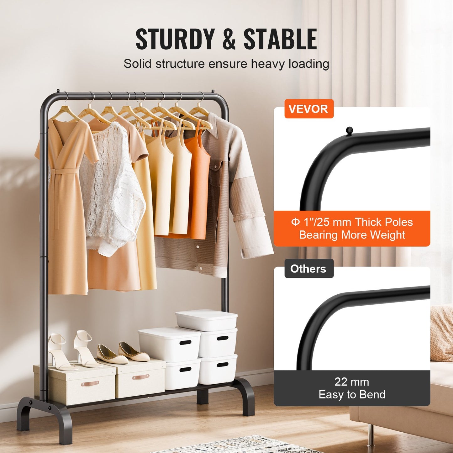 Clothes Rack, Heavy Duty Clothing Garment Rack with Hanging Rod and Bottom Storage Area, Clothing Rack for Bedroom Guest Room