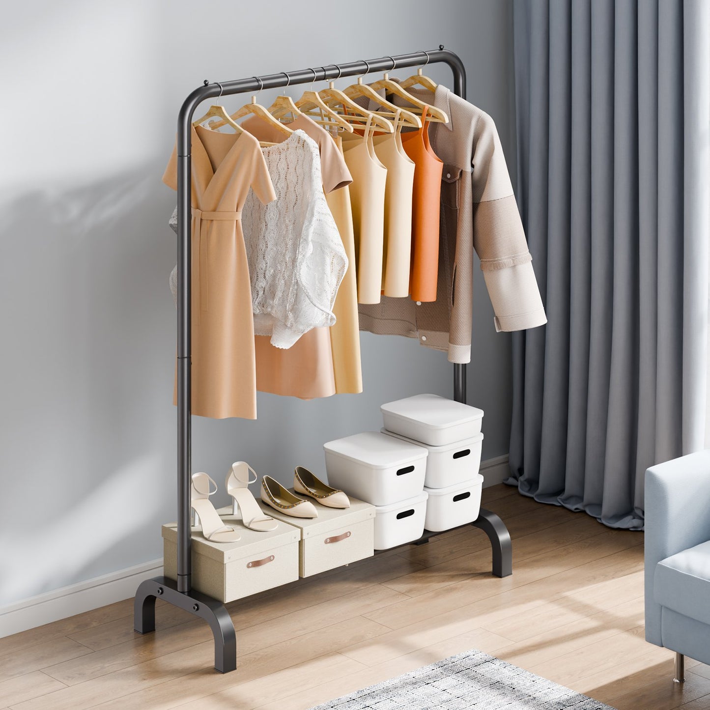 Clothes Rack, Heavy Duty Clothing Garment Rack with Hanging Rod and Bottom Storage Area, Clothing Rack for Bedroom Guest Room