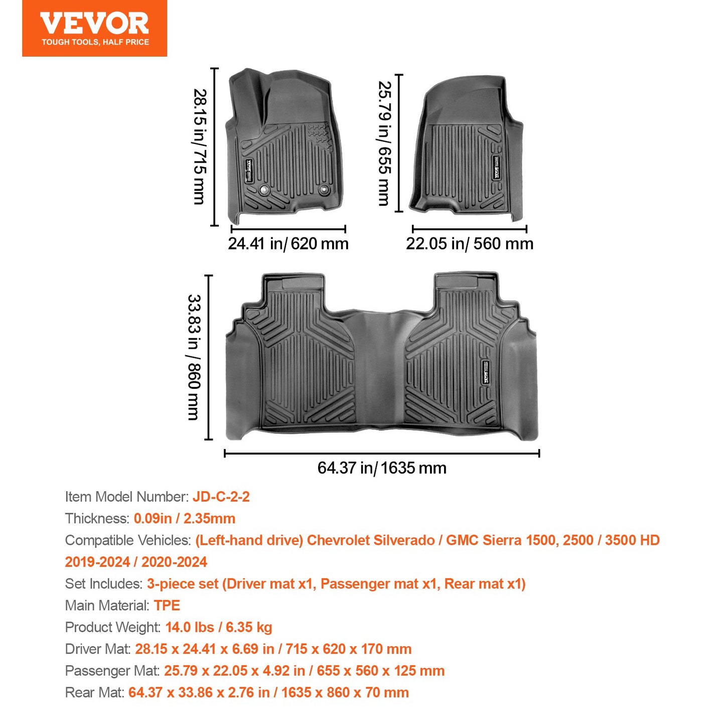 Automotive Floor Mats Fits for Chevrolet Silverado/GMC Sierra 1500 3 pcs
