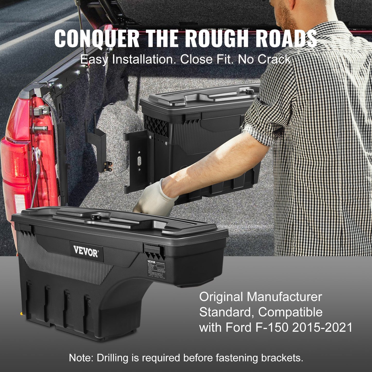 Truck Bed Storage Box, Lockable Swing Case with Password Padlock, 6.6 Gal/25 L ABS Wheel Well Tool Box, Waterproof and Durable, Compatible with Ford F-150 2015-2021, Drivers Side