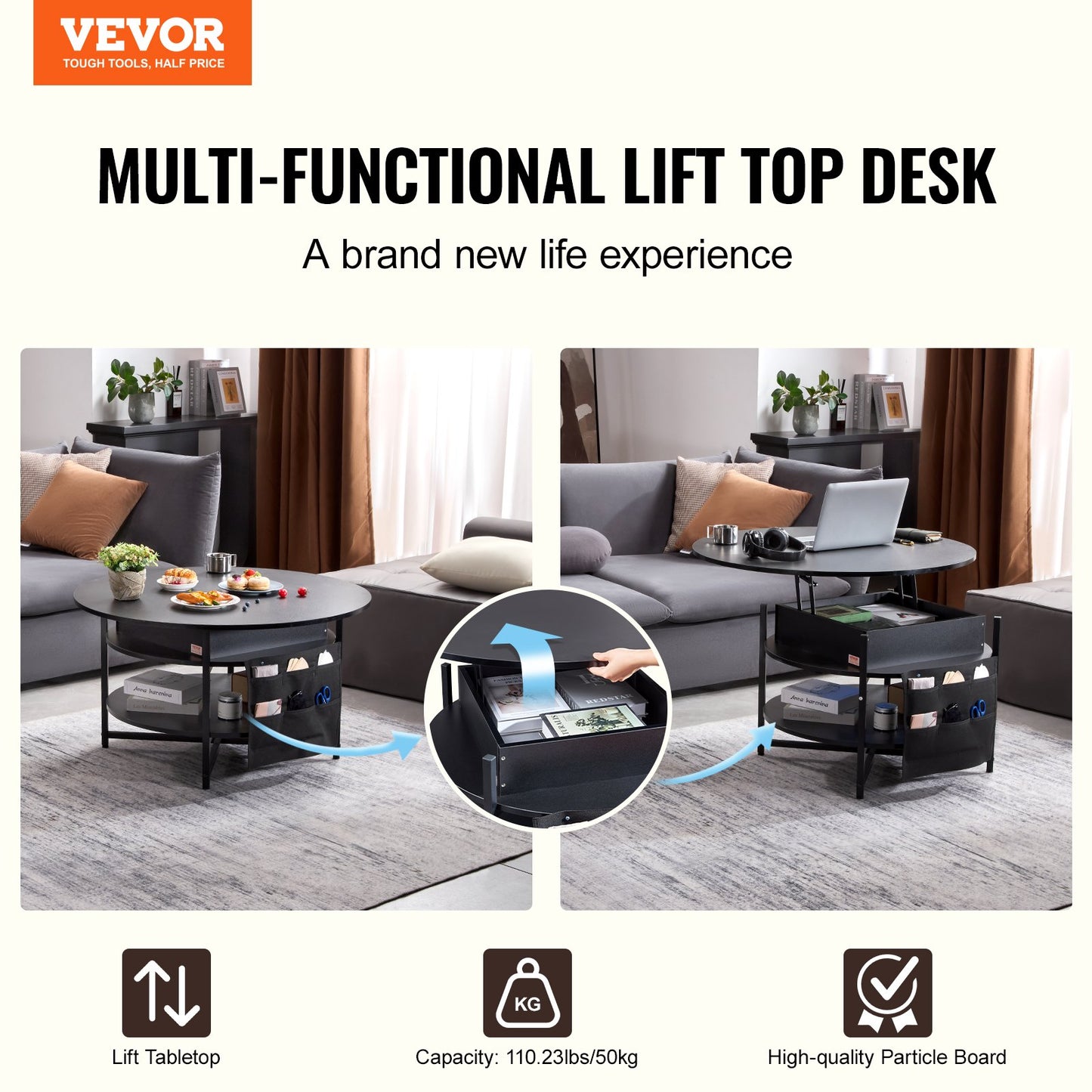 Lift Top Coffee Table 35.3" Round Coffee Table for Living Room Black