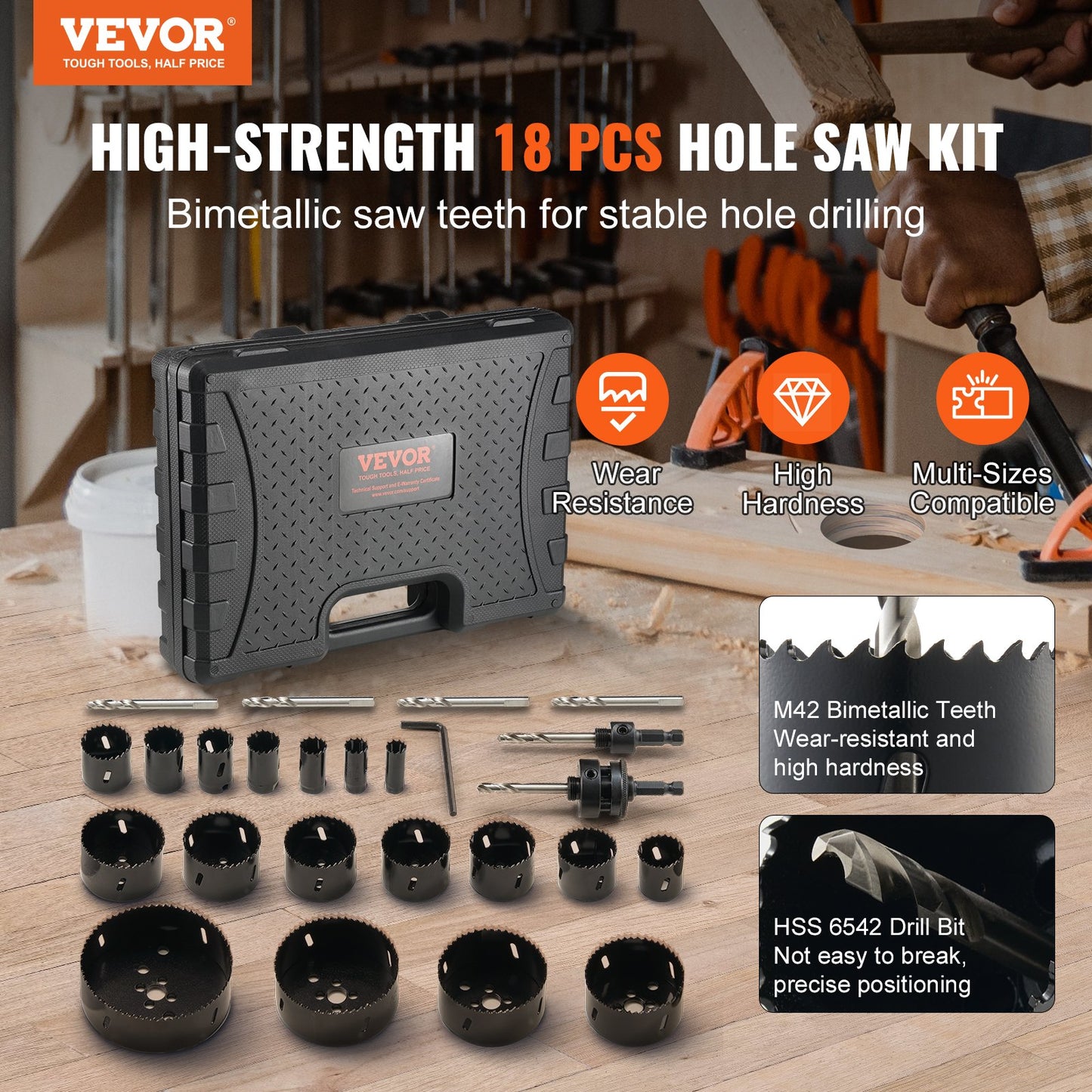 Hole Saw Kit, 18 PCS Saw Blades, 6 Drill Bits, 1 Hex Wrench, Bi Metal M42 Hole Saw Set with Carrying Case, General Purpose Size from 3/4" to 4-1/2", Ideal for Wood Board, Iron and Plastic Plate