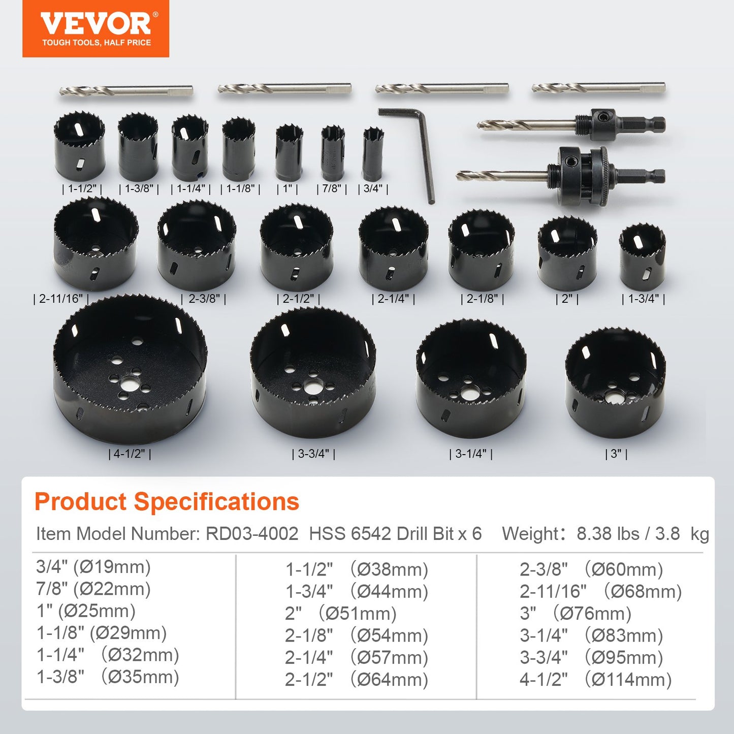 Hole Saw Kit, 18 PCS Saw Blades, 6 Drill Bits, 1 Hex Wrench, Bi Metal M42 Hole Saw Set with Carrying Case, General Purpose Size from 3/4" to 4-1/2", Ideal for Wood Board, Iron and Plastic Plate