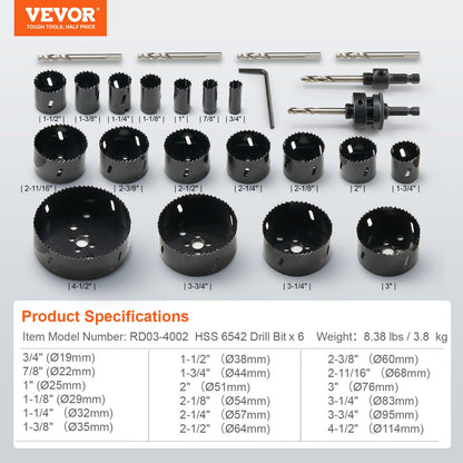 Hole Saw Kit, 18 PCS Saw Blades, 6 Drill Bits, 1 Hex Wrench, Bi Metal M42 Hole Saw Set with Carrying Case, General Purpose Size from 3/4" to 4-1/2", Ideal for Wood Board, Iron and Plastic Plate