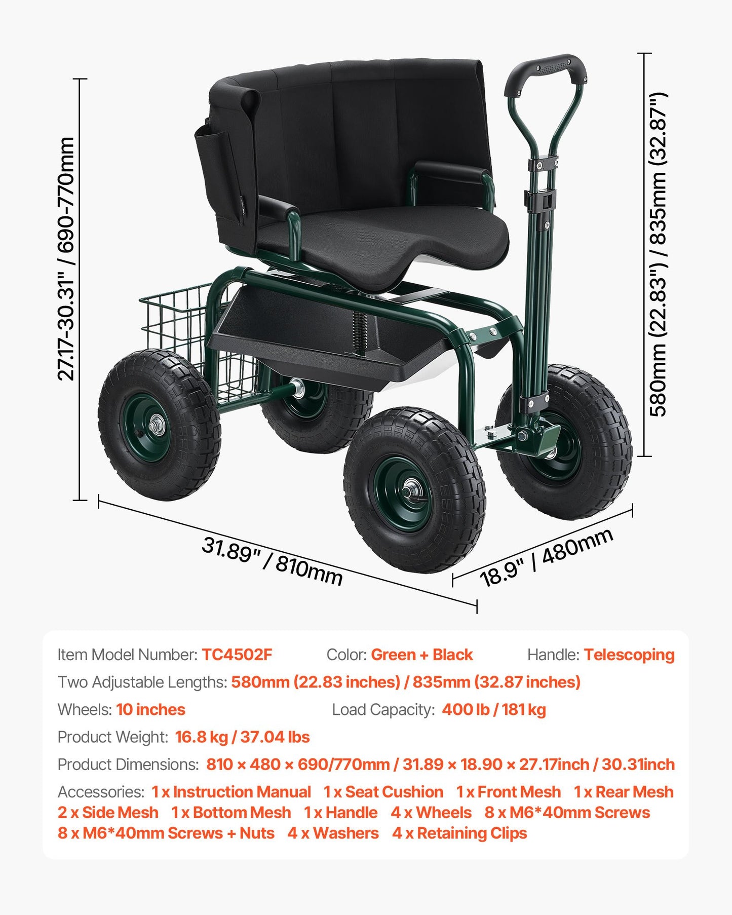 Rolling Garden Cart with Swivel Seat Wheels Extendable Handle Storage Box