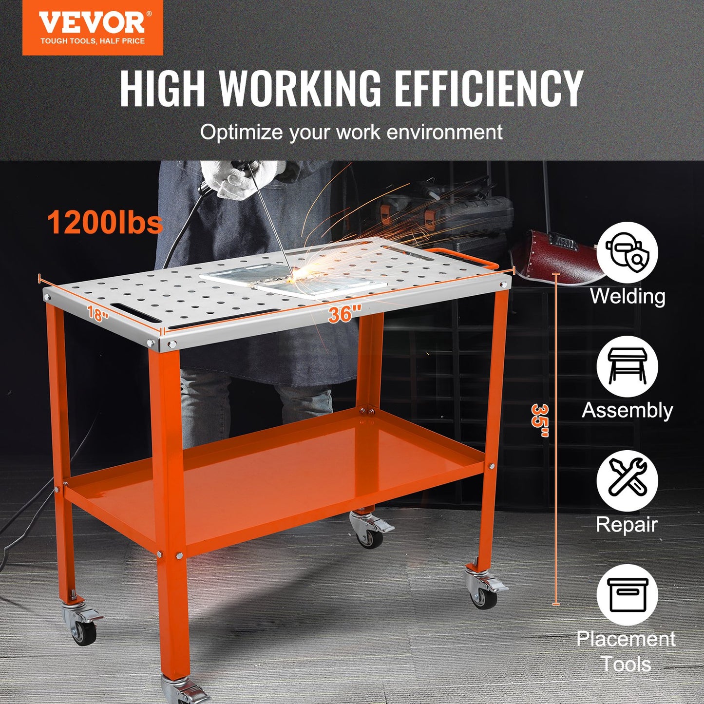 36" x 18" Welding Table, 1200lbs Load Capacity Steel Welding Workbench Table on Wheels, Portable Work Bench with Braking Lockable Casters, 4 Tool Slots, 5/8-inch Fixture Holes, Tool Tray