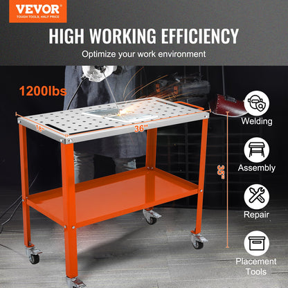 36" x 18" Welding Table, 1200lbs Load Capacity Steel Welding Workbench Table on Wheels, Portable Work Bench with Braking Lockable Casters, 4 Tool Slots, 5/8-inch Fixture Holes, Tool Tray