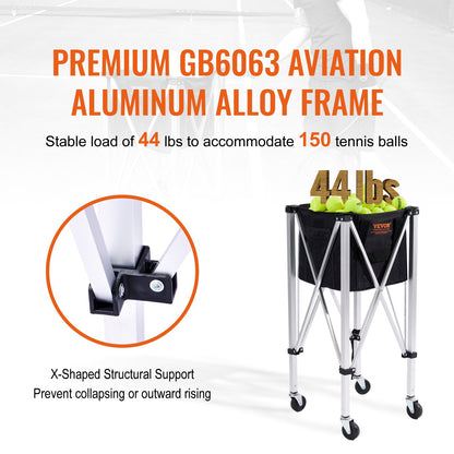 Foldable Tennis Ball Hopper, Holds 150 Tennis Balls, Lightweight Aluminum Alloy Tennis Ball Basket Cart with Wheels, Removable Bag, Carry Bag, Portable Sports Teaching Cart for Tennis Player
