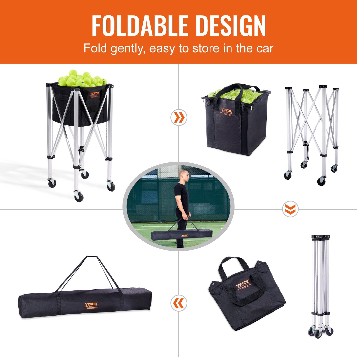 Foldable Tennis Ball Hopper, Holds 150 Tennis Balls, Lightweight Aluminum Alloy Tennis Ball Basket Cart with Wheels, Removable Bag, Carry Bag, Portable Sports Teaching Cart for Tennis Player