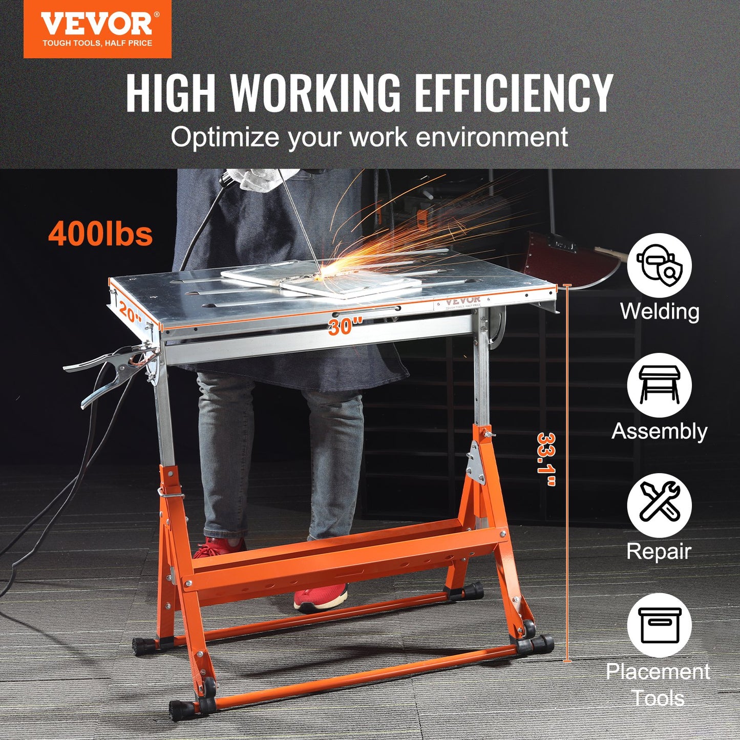 Welding Table 30" x 20", 400lbs Load Capacity Steel Welding Workbench Table on Wheels, Folding Work Bench with Three 1.1" Slot, 3 Tilt Angles, Adjustable Height, Retractable Guide Rails