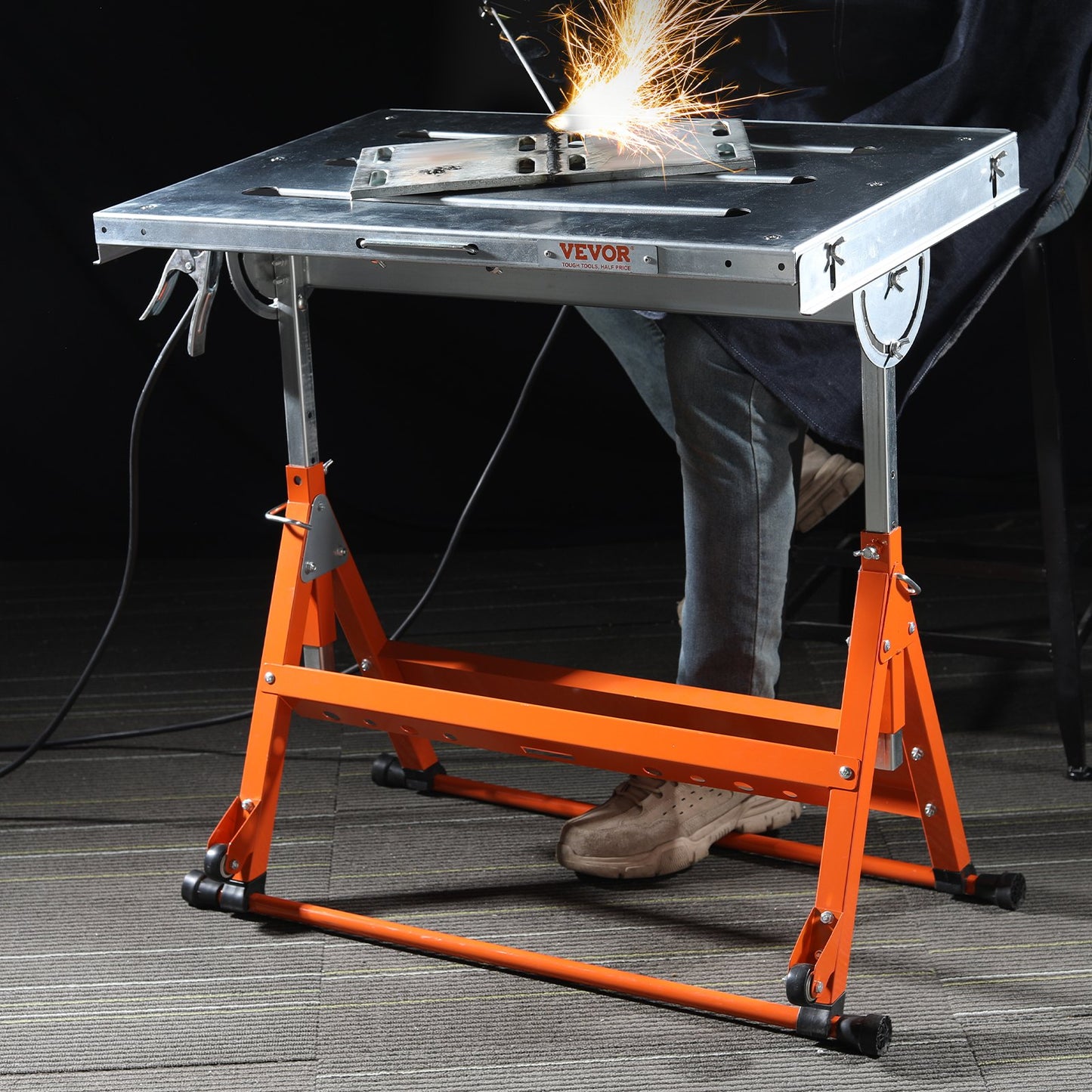 Welding Table 30" x 20", 400lbs Load Capacity Steel Welding Workbench Table on Wheels, Folding Work Bench with Three 1.1" Slot, 3 Tilt Angles, Adjustable Height, Retractable Guide Rails