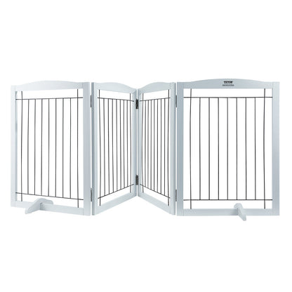 VEVOR Free Standing Dog Gate, 32" H x 96.5" W Freestanding Pet Gate, 4 Panels Foldable Dog Gate for Wide and Narrow Passageways, Expandable Dog Barrier with Silent Foot Support for Indoor, White