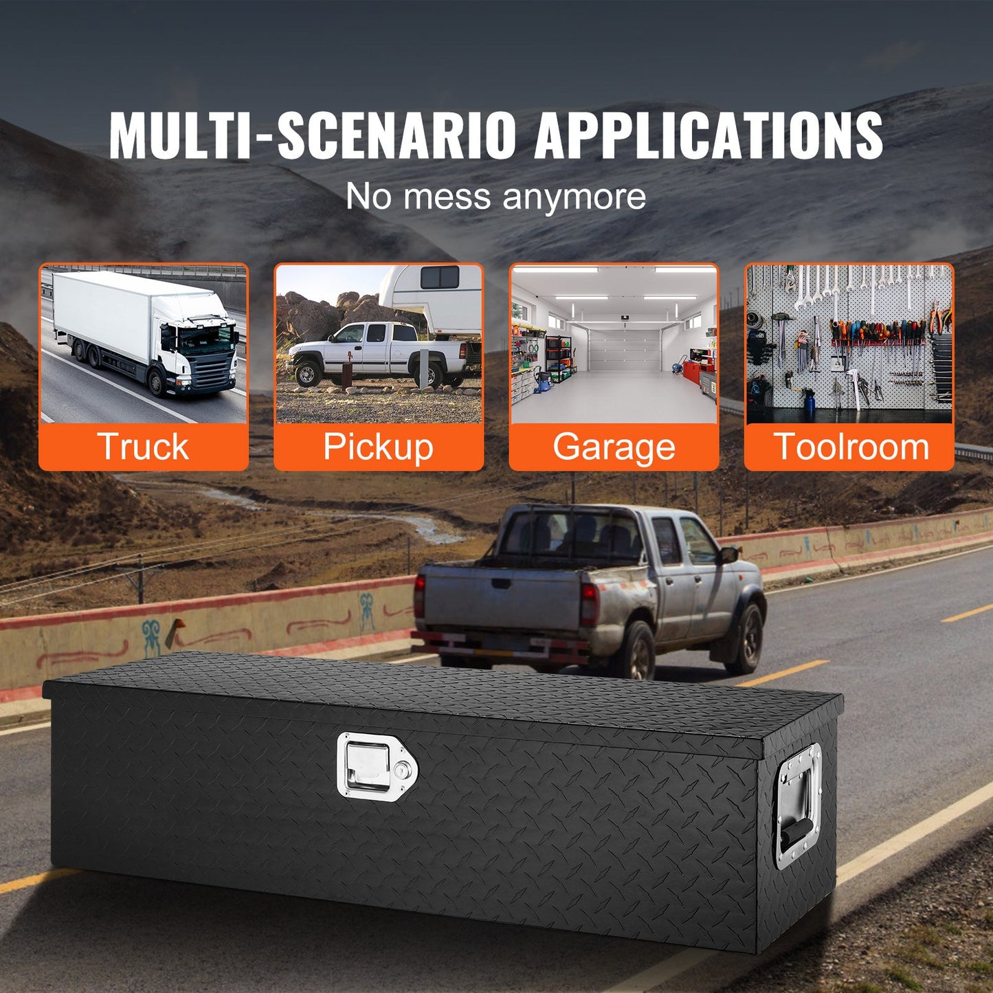 Heavy Duty Aluminum Truck Bed Tool Box, Diamond Plate Tool Box with Side Handle and Lock Keys, Storage Tool Box Chest Box Organizer for Pickup, Truck Bed, RV, Trailer, 990 x 330 x 254 mm, Black