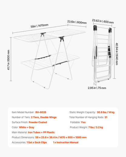 2-Tier Foldable Clothes Drying Rack with Sock Clips & 31 Drying Rods White