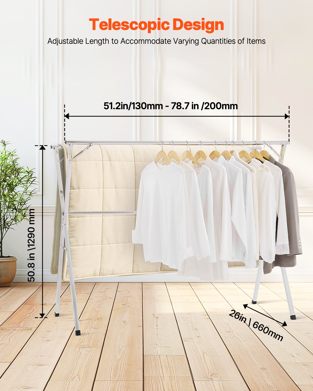 2-Tier Telescopic Clothes Drying Rack w/ 30 Windproof Holes & 2 Shoe Hooks