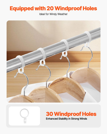 2-Tier Telescopic Clothes Drying Rack w/ 30 Windproof Holes & 2 Shoe Hooks