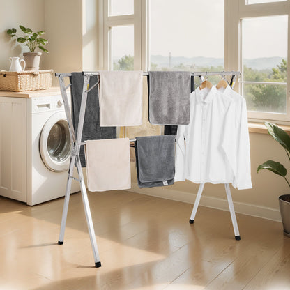 2-Tier Telescopic Clothes Drying Rack w/ 30 Windproof Holes & 2 Shoe Hooks