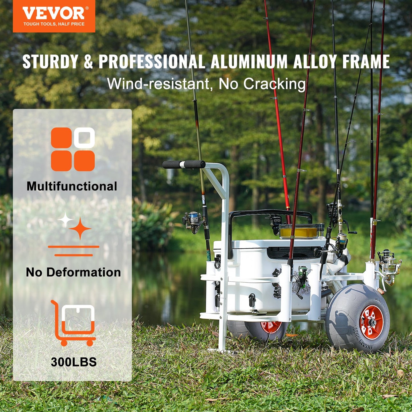 Fishing cart with multiple rods on a grassy area, featuring VEVOR branding and product features.