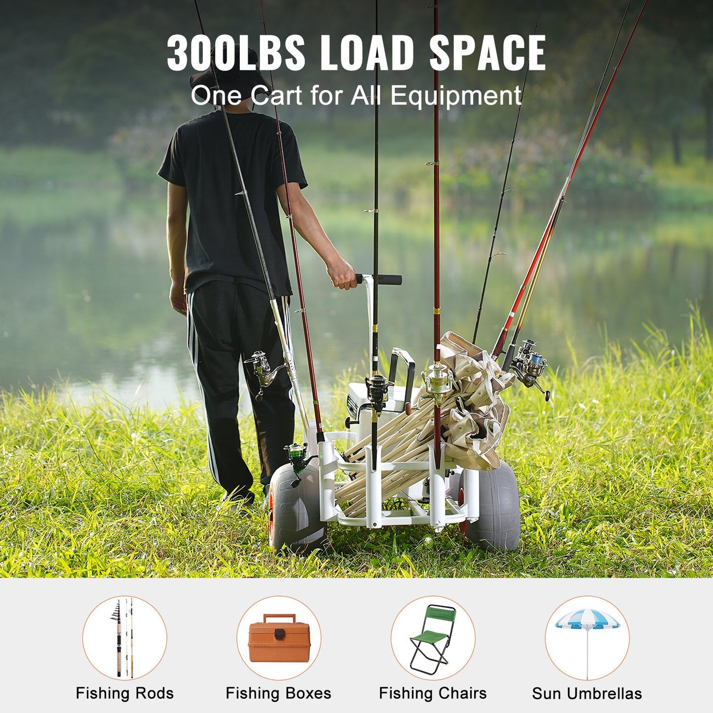 Fishing cart with fishing equipment near a lake, highlighting load capacity and versatility.