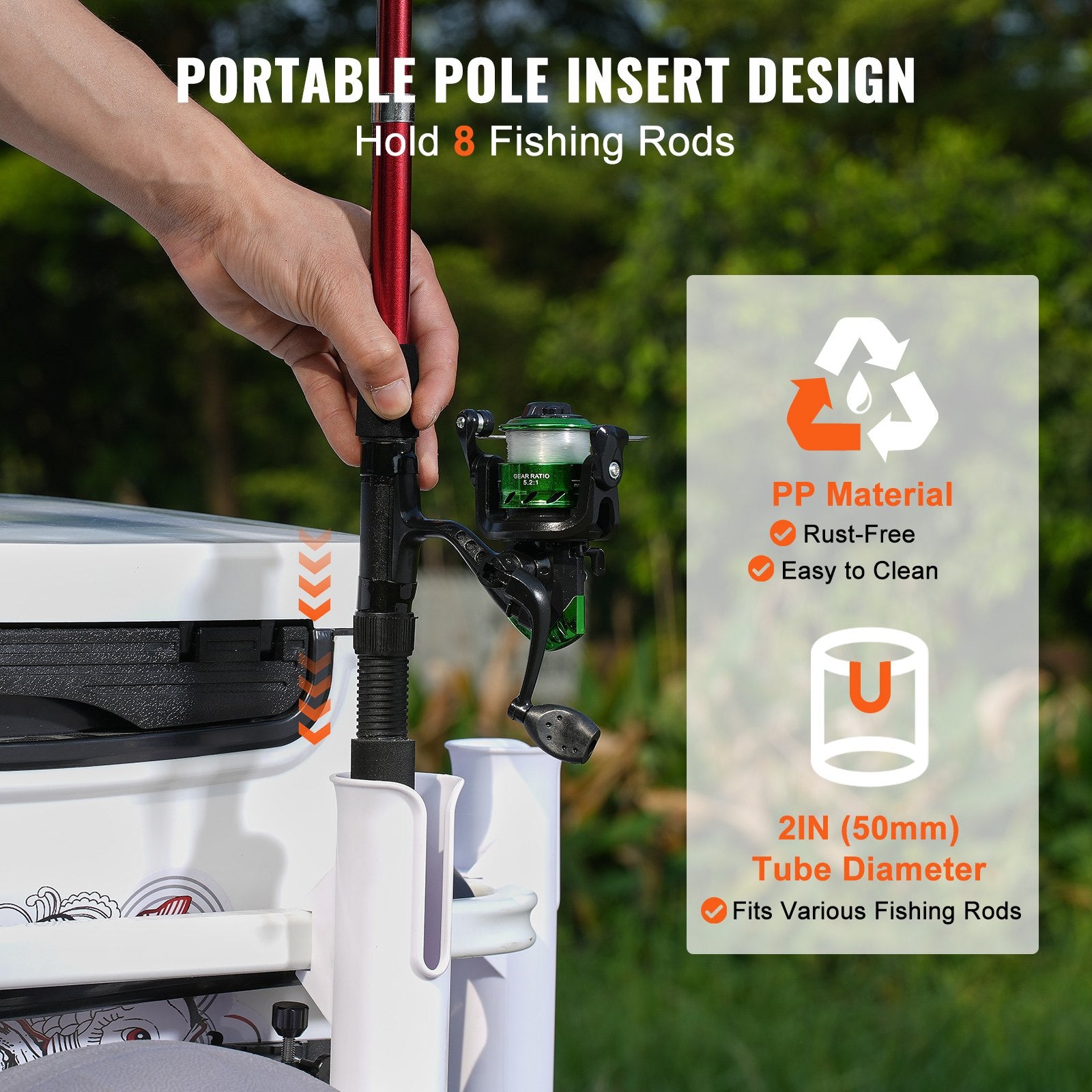 Fishing rod holder with portable pole insert design, holding a fishing rod, against a natural background.