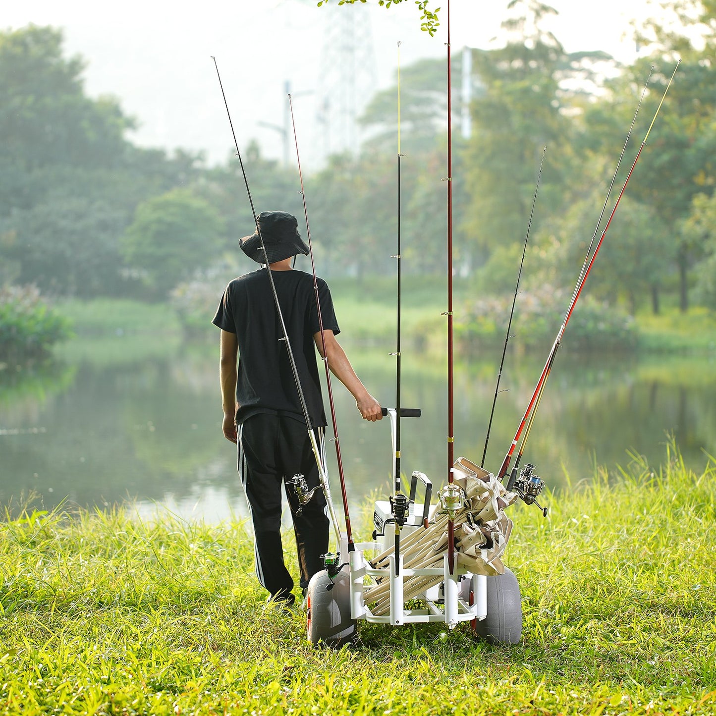 Person with multiple fishing rods and a cart by a lake