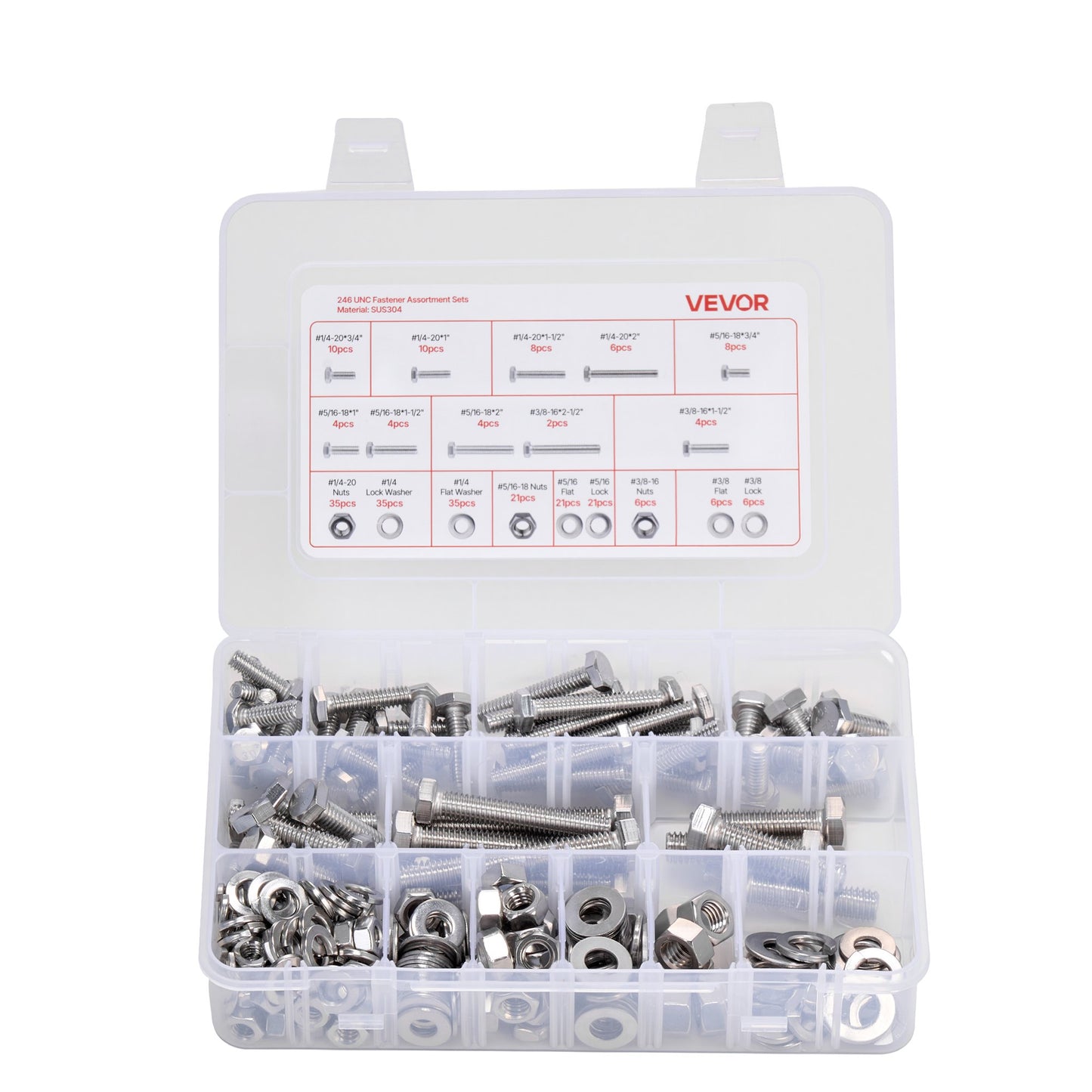 VEVOR 246 Pcs Bolts and Nuts Assortment Kit, Imperial Screws and Flat Washers, Stainless Steel 1/4-20,5/16-18,3/8-16, Spring Lock Washers for Furniture / Equipment /Vehicle Assembly with Case