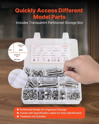 VEVOR 246 Pcs Bolts and Nuts Assortment Kit, Imperial Screws and Flat Washers, Stainless Steel 1/4-20,5/16-18,3/8-16, Spring Lock Washers for Furniture / Equipment /Vehicle Assembly with Case