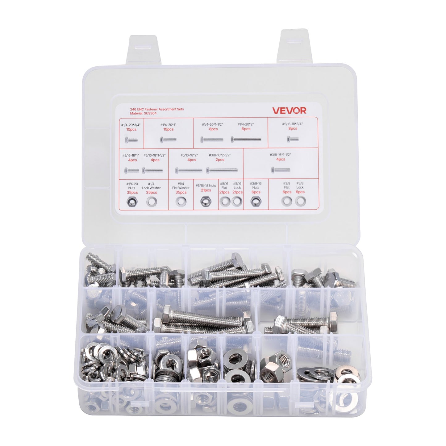 VEVOR 246 Pcs Bolts and Nuts Assortment Kit, Imperial Screws and Flat Washers, Stainless Steel 1/4-20,5/16-18,3/8-16, Spring Lock Washers for Furniture / Equipment /Vehicle Assembly with Case