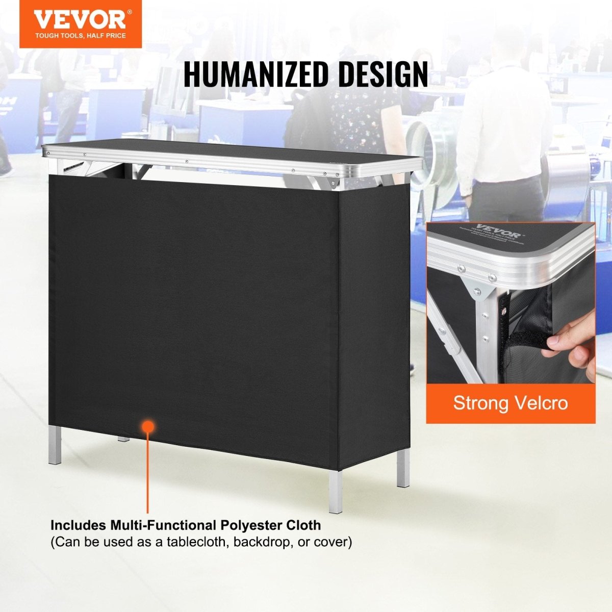 VEVOR Folding Portable Bar Table, Tradeshow Podium Table for Indoor, Outdoor, Party, Picnic, Exhibition, Includes Carrying Case, Storage Shelf and Black Skirt, 38.39" x 15.16" x 34.25“ - Factory Direct Shop