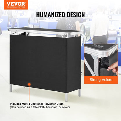 VEVOR Folding Portable Bar Table, Tradeshow Podium Table for Indoor, Outdoor, Party, Picnic, Exhibition, Includes Carrying Case, Storage Shelf and Black Skirt, 38.39" x 15.16" x 34.25“ - Factory Direct Shop