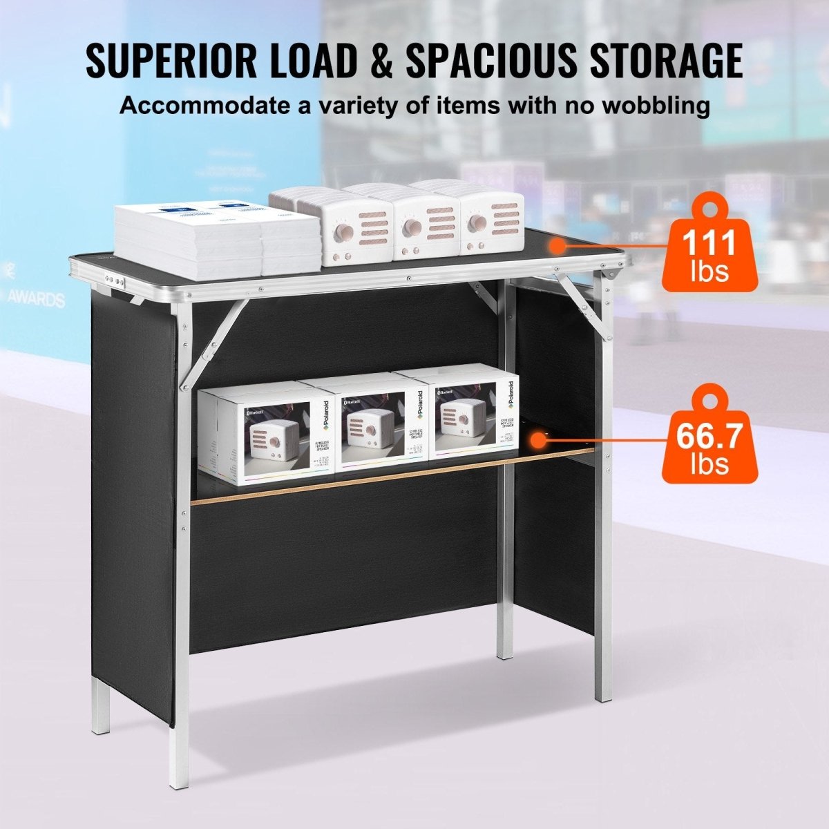 VEVOR Folding Portable Bar Table, Tradeshow Podium Table for Indoor, Outdoor, Party, Picnic, Exhibition, Includes Carrying Case, Storage Shelf and Black Skirt, 38.39" x 15.16" x 34.25“ - Factory Direct Shop