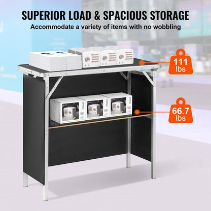 VEVOR Folding Portable Bar Table, Tradeshow Podium Table for Indoor, Outdoor, Party, Picnic, Exhibition, Includes Carrying Case, Storage Shelf and Black Skirt, 38.39" x 15.16" x 34.25“ - Factory Direct Shop