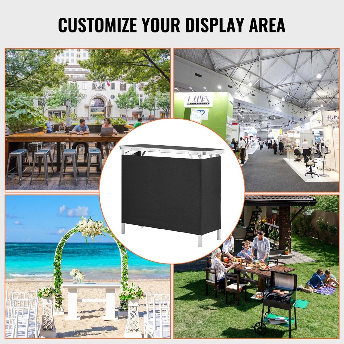VEVOR Folding Portable Bar Table, Tradeshow Podium Table for Indoor, Outdoor, Party, Picnic, Exhibition, Includes Carrying Case, Storage Shelf and Black Skirt, 38.39" x 15.16" x 34.25“ - Factory Direct Shop