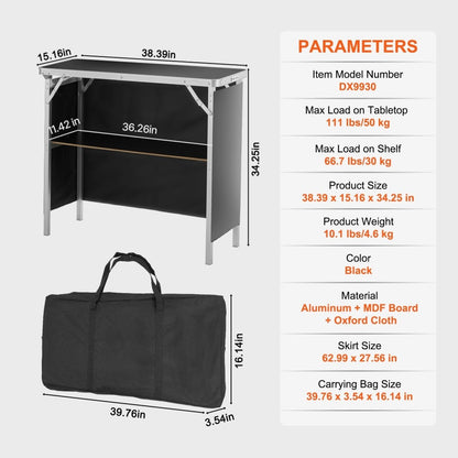 VEVOR Folding Portable Bar Table, Tradeshow Podium Table for Indoor, Outdoor, Party, Picnic, Exhibition, Includes Carrying Case, Storage Shelf and Black Skirt, 38.39" x 15.16" x 34.25“ - Factory Direct Shop