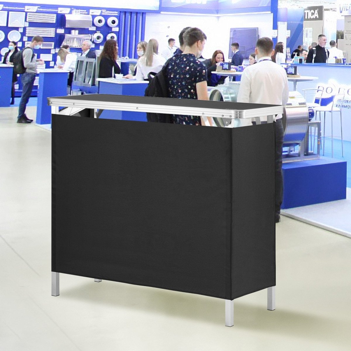 VEVOR Folding Portable Bar Table, Tradeshow Podium Table for Indoor, Outdoor, Party, Picnic, Exhibition, Includes Carrying Case, Storage Shelf and Black Skirt, 38.39" x 15.16" x 34.25“ - Factory Direct Shop