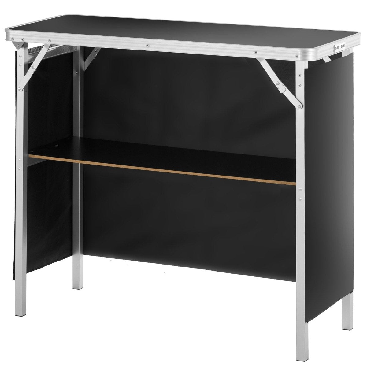 VEVOR Folding Portable Bar Table, Tradeshow Podium Table for Indoor, Outdoor, Party, Picnic, Exhibition, Includes Carrying Case, Storage Shelf and Black Skirt, 38.39" x 15.16" x 34.25“ - Factory Direct Shop